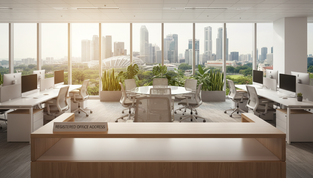 A modern, photorealistic office environment depicting a registered office address in Singapore. In the foreground, a sleek reception desk with a minimalist design and a stylish nameplate stating "Registered Office Address." In the middle ground, a well-organized workspace with contemporary furniture, including ergonomic chairs, a glass meeting table, and plants that add a touch of greenery. The background features a large window with a stunning view of Singapore's skyline, showcasing modern skyscrapers and lush greenery. Soft, natural lighting streams in, creating a warm and inviting atmosphere. The scene conveys professionalism and efficiency, ideal for a virtual office setting. The image should be free of any text, logos, or watermarks.