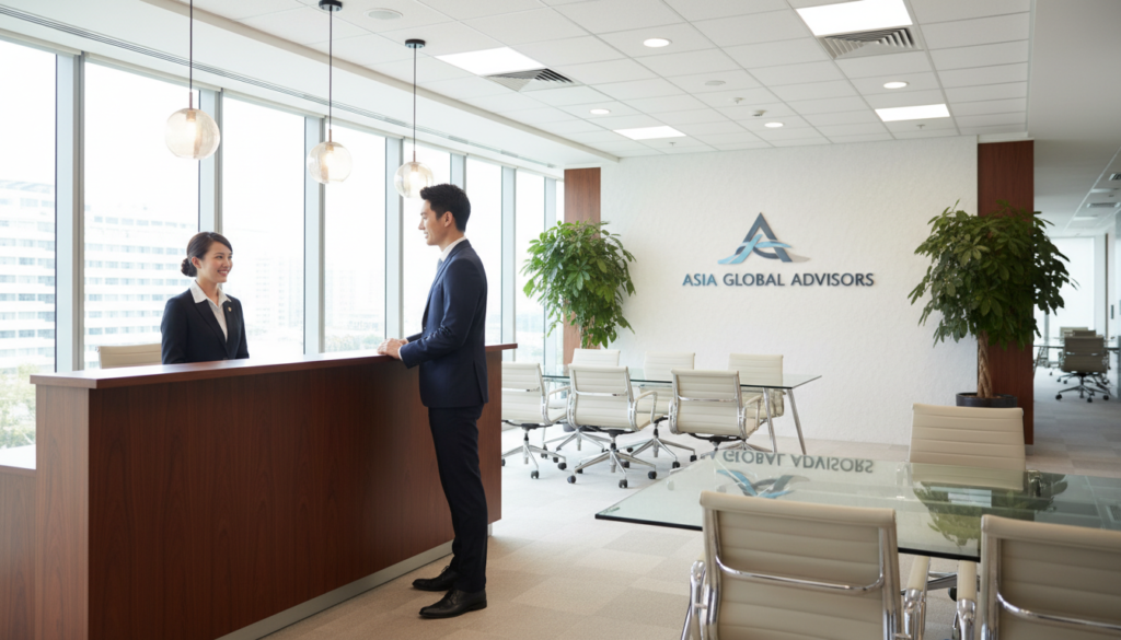 A modern, professional registered office interior in Singapore, showcasing an elegant reception area. In the foreground, a polished wooden reception desk with a friendly receptionist in business attire, smiling and engaging with a visitor. The middle ground features sleek, contemporary furniture, including glass meeting tables and ergonomic chairs, all bathed in natural light streaming through large windows. The background includes potted plants and a corporate logo on the wall, enhancing the professional atmosphere. Soft, warm lighting creates an inviting mood, with a slightly blurred focus on the office space to emphasize depth. Capture this image in a wide-angle view to encompass the entire scene, providing a sense of openness and professionalism.