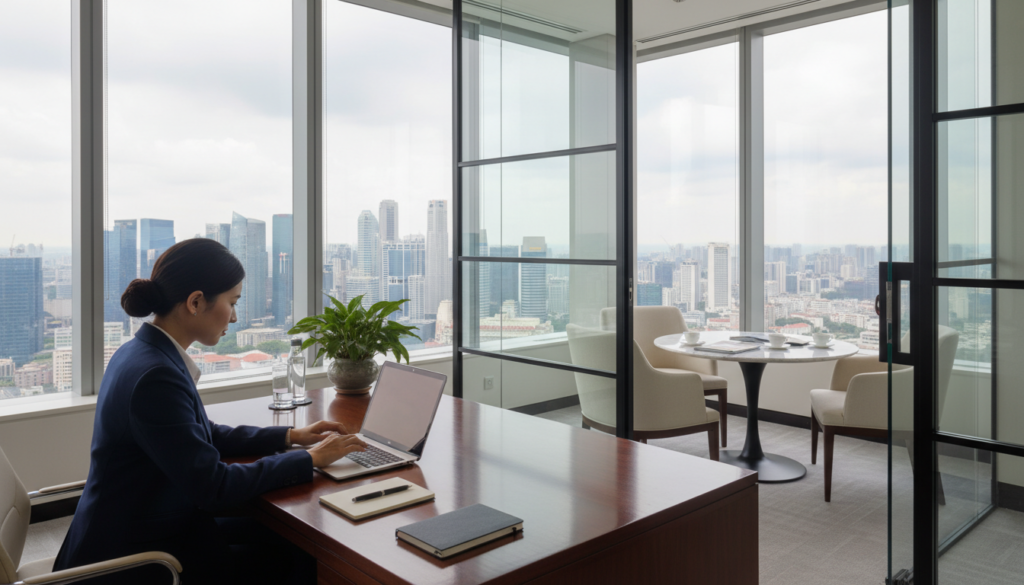 A modern registered office in Singapore, showcasing a sleek, professional interior. In the foreground, a polished wooden desk with a laptop, neatly arranged stationery, and a small potted plant. A business professional in formal attire, such as a tailored suit, is sitting at the desk, focused on their work. In the middle ground, a glass partition separates the office space from a small meeting area with comfortable chairs and a round table. The background features large windows with a view of Singapore's skyline, casting soft natural light into the room. The atmosphere is one of productivity and professionalism, with a clean, minimalist aesthetic. The image is photorealistic, capturing the essence of a business address for company registration.