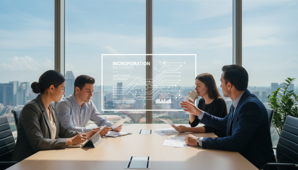 A modern, sleek office setting reflecting "professional services," with a diverse group of four businesspeople engaged in a strategy discussion. In the foreground, a man in a tailored navy suit gestures towards a digital presentation on a large screen, illustrating incorporation processes. A woman wearing a smart blazer takes notes on a tablet, while another team member, dressed in business casual attire, reviews documents. In the background, large windows reveal a panoramic view of Singapore’s skyline, with bright natural light streaming in. The atmosphere is collaborative and focused, highlighting professionalism and teamwork, captured in photorealistic detail. Use a slight depth of field to emphasize the subjects while softly blurring the background. A modern, sleek office setting reflecting "professional services," with a diverse group of four businesspeople engaged in a strategy discussion. In the foreground, a man in a tailored navy suit gestures towards a digital presentation on a large screen, illustrating incorporation processes. A woman wearing a smart blazer takes notes on a tablet, while another team member, dressed in business casual attire, reviews documents. In the background, large windows reveal a panoramic view of Singapore’s skyline, with bright natural light streaming in. The atmosphere is collaborative and focused, highlighting professionalism and teamwork, captured in photorealistic detail. Use a slight depth of field to emphasize the subjects while softly blurring the background.