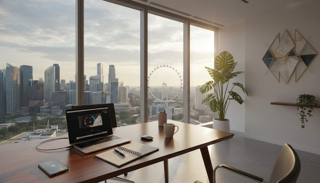 A modern, sleek virtual office setting in Singapore, showcasing a well-designed workspace. In the foreground, a polished wooden desk cluttered with a laptop, notepad, and a smartphone, exuding an atmosphere of productivity. The middle layer features a large window with a view of Singapore's iconic skyline, bathed in soft natural light, suggesting a bright, optimistic work environment. The background includes elements like office plants and modern art to add a touch of creativity. The image is captured with a wide-angle lens to emphasize the spaciousness, and the lighting is bright yet warm, creating an inviting and professional mood. No human figures are present, ensuring a focus on the office setup alone. A modern, sleek virtual office setting in Singapore, showcasing a well-designed workspace. In the foreground, a polished wooden desk cluttered with a laptop, notepad, and a smartphone, exuding an atmosphere of productivity. The middle layer features a large window with a view of Singapore's iconic skyline, bathed in soft natural light, suggesting a bright, optimistic work environment. The background includes elements like office plants and modern art to add a touch of creativity. The image is captured with a wide-angle lens to emphasize the spaciousness, and the lighting is bright yet warm, creating an inviting and professional mood. No human figures are present, ensuring a focus on the office setup alone.