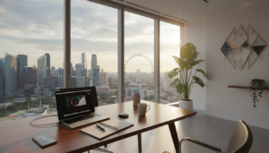 A modern, sleek virtual office setting in Singapore, showcasing a well-designed workspace. In the foreground, a polished wooden desk cluttered with a laptop, notepad, and a smartphone, exuding an atmosphere of productivity. The middle layer features a large window with a view of Singapore's iconic skyline, bathed in soft natural light, suggesting a bright, optimistic work environment. The background includes elements like office plants and modern art to add a touch of creativity. The image is captured with a wide-angle lens to emphasize the spaciousness, and the lighting is bright yet warm, creating an inviting and professional mood. No human figures are present, ensuring a focus on the office setup alone.