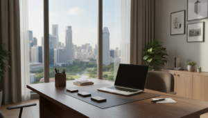 A modern, stylish office workspace showcasing a sleek business address setup. In the foreground, a polished wooden desk with a high-end laptop, a few neatly stacked business cards, and a trendy desk organizer filled with pens and notepads. In the middle ground, a large window offers a panoramic view of Singapore's skyline, featuring iconic skyscrapers and green spaces under a bright, sunny sky. Soft natural light floods the room, creating a warm and inviting atmosphere. The background includes minimalist decor elements, like potted plants and framed art, emphasizing a professional yet creative environment. The overall mood is one of productivity and sophistication, appealing to businesses looking for virtual office solutions.