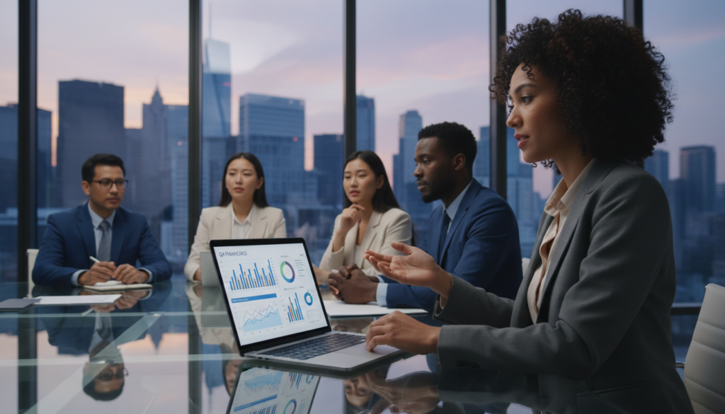 A modern virtual board meeting in progress, showcasing a diverse group of professionals engaged in discussion over a sleek digital interface. In the foreground, a confident woman in a tailored business suit is speaking, with her laptop open, displaying graphs and statistics. In the middle, several other colleagues of various ethnicities are displayed, attentively listening and taking notes, all dressed in professional attire. The background consists of a contemporary office setting with large windows showing a city skyline, illuminated by soft, natural lighting. The atmosphere is focused and collaborative, emphasizing teamwork and innovation in a post-disruption business landscape. The image should be photorealistic, captured with a clear depth of field that highlights the participants and their digital tools.
