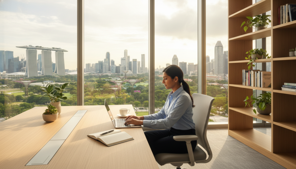 A modern virtual office setting in Singapore, focusing on a stylish, well-organized workspace. In the foreground, a sleek wooden desk with a laptop, a notepad, and a coffee cup. A business professional in smart casual attire is seated, working efficiently. In the middle ground, a large window reveals a panoramic view of Singapore's skyline, filled with iconic skyscrapers and greenery. The atmosphere is bright and inviting, infused with natural sunlight streaming in, creating a warm glow. In the background, shelves filled with books and decorative plants enhance the ambiance, reflecting a productive environment. Shot with a wide-angle lens to capture the spaciousness, emphasizing a blend of comfort and professionalism. The overall mood is optimistic and focused, ideal for a virtual office concept.