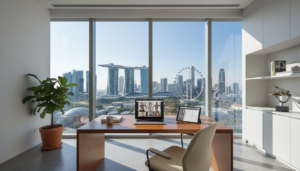 A modern virtual office setting in Singapore, showcasing a sleek and minimalist design. In the foreground, a stylish wooden desk with a laptop open and a digital tablet displays a virtual meeting interface. A potted plant adds a touch of greenery. In the middle ground, a large window reveals a panoramic view of Singapore's skyline, with iconic skyscrapers like Marina Bay Sands in the background. The lighting is bright and natural, streaming through the window, casting soft shadows in the room. The atmosphere is professional and inviting, reflecting a blend of technology and comfort. Use a wide-angle lens to capture the entire space, ensuring the image is photorealistic and emphasizes the concept of remote work effectively.