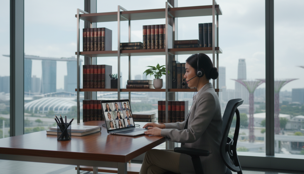 A modern virtual office setting in Singapore, showcasing a sleek workspace with a polished wooden desk, ergonomic chair, and a laptop open displaying a virtual meeting interface. In the foreground, a professional businesswoman in smart attire is engaged in a video call, exuding focus and professionalism. The middle ground features a stylish bookshelf filled with legal books and office supplies, blending functionality with sophistication. In the background, large windows reveal a view of Singapore’s skyline, bathed in natural daylight that creates a warm, welcoming atmosphere. Soft shadows enhance the depth, and the overall mood reflects a blend of efficiency and tranquility, emphasizing a modern, tech-driven work environment.