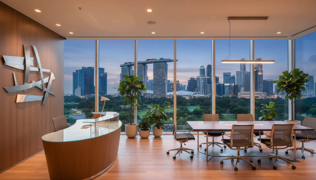 A modern virtual office setting in Singapore's Central Business District, featuring a sleek, glass-walled office building and a well-lit reception area in the foreground. In the middle ground, showcase a stylish office interior with contemporary furniture, a polished wooden desk, and vibrant indoor plants, conveying a professional atmosphere. The background includes iconic Singapore skyline elements, such as the Marina Bay Sands and lush greenery, illuminated by soft evening light. Use a wide-angle lens to capture the spaciousness and elegance of the space, with warm ambient lighting to enhance the inviting mood of a prime business environment. No people present, focusing solely on the architectural and interior design elements.