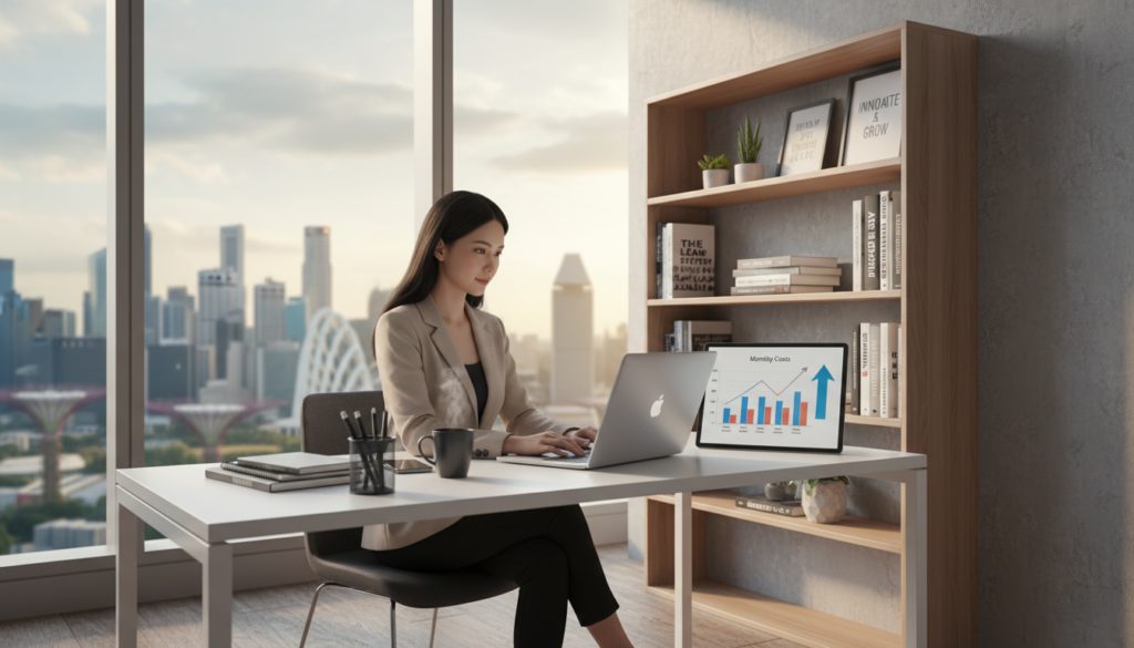 A modern virtual office setup in Singapore, featuring a sleek desk with a laptop, stationery, and a cup of coffee. In the foreground, a professional businesswoman in smart attire is seated, intently working on her laptop. The middle layer includes a stylish bookshelf filled with business books and motivational decor, alongside a notepad with graphs and charts depicting costs. In the background, large windows reveal a stunning cityscape of Singapore, bathed in warm natural light, highlighting the contrast between urban life and remote work. The scene creates a calm, focused atmosphere, emphasizing productivity and professionalism. The composition uses a slightly elevated camera angle to capture depth and detail, ensuring a photorealistic representation.