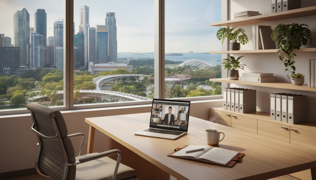 A modern virtual office setup in Singapore featuring an inviting workspace. In the foreground, a sleek wooden desk holds a laptop, notepad, and a cup of coffee, indicating productivity. To the side, a stylish office chair rests beside the desk. The middle ground showcases a large window with a stunning view of Singapore's skyline, filled with skyscrapers and greenery, creating a blend of urban and nature. In the background, shelves neatly display potted plants and organized office supplies. Soft, natural light floods the room, highlighting the clean lines and modern architecture. The atmosphere feels professional yet warm, ideal for remote work and collaboration.