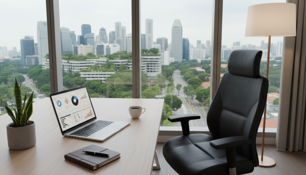 A modern virtual office setup showcasing a sleek, minimalist design. In the foreground, a stylish wooden desk with a high-tech laptop and a potted plant. On the desk, a neatly arranged notebook and a cup of coffee, symbolizing productivity. The middle ground features a comfortable ergonomic chair, with a soft, ambient light casting warm tones. In the background, a large window revealing a panoramic view of Singapore's skyline, seamlessly blending urban elements with greenery. Soft, diffused lighting creates a professional yet inviting atmosphere, reminiscent of a contemporary workspace. The composition captures the essence of virtual operations, reflecting efficiency, modernity, and focus on business structure. Photorealistic details enhance the visual clarity, emphasizing the tranquility and professionalism of a virtual office environment. A modern virtual office setup showcasing a sleek, minimalist design. In the foreground, a stylish wooden desk with a high-tech laptop and a potted plant. On the desk, a neatly arranged notebook and a cup of coffee, symbolizing productivity. The middle ground features a comfortable ergonomic chair, with a soft, ambient light casting warm tones. In the background, a large window revealing a panoramic view of Singapore's skyline, seamlessly blending urban elements with greenery. Soft, diffused lighting creates a professional yet inviting atmosphere, reminiscent of a contemporary workspace. The composition captures the essence of virtual operations, reflecting efficiency, modernity, and focus on business structure. Photorealistic details enhance the visual clarity, emphasizing the tranquility and professionalism of a virtual office environment.