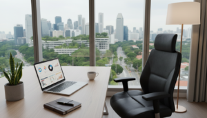 A modern virtual office setup showcasing a sleek, minimalist design. In the foreground, a stylish wooden desk with a high-tech laptop and a potted plant. On the desk, a neatly arranged notebook and a cup of coffee, symbolizing productivity. The middle ground features a comfortable ergonomic chair, with a soft, ambient light casting warm tones. In the background, a large window revealing a panoramic view of Singapore's skyline, seamlessly blending urban elements with greenery. Soft, diffused lighting creates a professional yet inviting atmosphere, reminiscent of a contemporary workspace. The composition captures the essence of virtual operations, reflecting efficiency, modernity, and focus on business structure. Photorealistic details enhance the visual clarity, emphasizing the tranquility and professionalism of a virtual office environment.