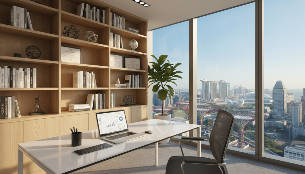 A modern virtual office space designed for a registered business in Singapore. In the foreground, a sleek white desk with a high-end laptop open, surrounded by minimalist office supplies. A stylish ergonomic chair complements the contemporary design. In the middle, a large window with natural light streaming in, revealing a cityscape view of Singapore's skyline, showcasing iconic buildings. A green indoor plant adds a touch of nature. The background features a well-organized bookshelf with business books, framed degrees, and sleek decorative items. Soft, diffused lighting creates a warm and professional atmosphere. The entire scene is photorealistic, capturing the essence of a productive work environment without any human subjects.