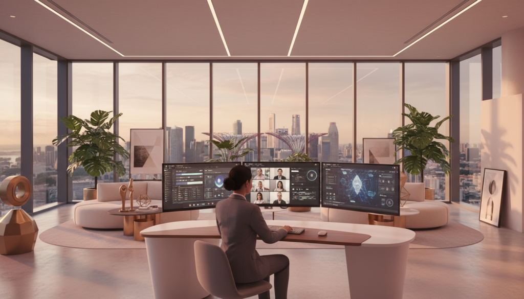 A modern virtual office space set up in a sleek, minimalistic design. In the foreground, a professional individual in business attire sits at a contemporary desk with multiple screens showcasing virtual meetings and digital collaboration tools. The middle layer features plush seating areas with vibrant green plants and stylish decor that inspire productivity. In the background, large windows offer a panoramic view of Singapore's iconic skyline under bright natural light, creating an atmosphere of innovation and professionalism. Enhance the scene with a soft glow, giving it a warm, inviting feel. The composition should employ a wide-angle lens perspective to capture the spaciousness and modernity of the virtual office concept. A modern virtual office space set up in a sleek, minimalistic design. In the foreground, a professional individual in business attire sits at a contemporary desk with multiple screens showcasing virtual meetings and digital collaboration tools. The middle layer features plush seating areas with vibrant green plants and stylish decor that inspire productivity. In the background, large windows offer a panoramic view of Singapore's iconic skyline under bright natural light, creating an atmosphere of innovation and professionalism. Enhance the scene with a soft glow, giving it a warm, inviting feel. The composition should employ a wide-angle lens perspective to capture the spaciousness and modernity of the virtual office concept.