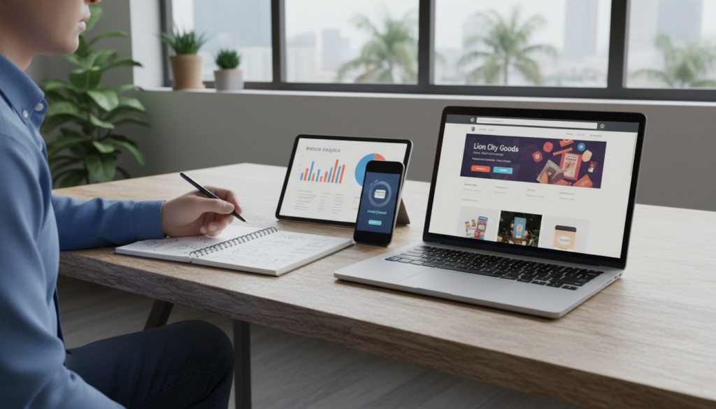 A modern workspace depicting the setup of an online business website. In the foreground, a sleek laptop on a stylish wooden desk, displaying a vibrant, user-friendly website layout for a Singapore-based company. To the left, a person in smart casual attire, focused on their work, with a pen in hand and a notepad filled with ideas. In the middle ground, a smartphone shows a payment app interface, while a tablet displays analytics data. The background features a large window with natural light pouring in, complementing the warm atmosphere. Soft shadows add depth, creating a professional but inviting mood. The focus is sharp on the workspace, capturing the essence of online business infrastructure.