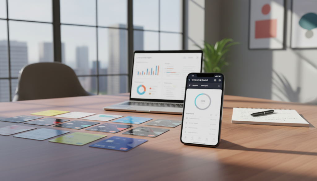 A modern workspace with a focus on financial management, featuring a table scattered with a variety of business credit cards arranged neatly. In the foreground, a smartphone displaying a governing spend control app, showcasing user-friendly interfaces and analytics. The middle of the scene showcases a laptop with graphs highlighting team spending insights, accompanied by a notepad with strategic notes. In the background, a sleek, minimalist office with large windows allowing natural light to flood in, casting soft shadows. The atmosphere is professional and focused, embodying the synergy of technology and finance. The composition captures a blend of productivity and modern banking solutions in a clean, photorealistic style with a shallow depth of field, emphasizing the foreground elements.