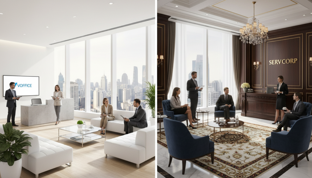 A photorealistic comparison scene showcasing the contrasting virtual office environments of VOffice and Servcorp. In the foreground, depict two distinct office reception areas: VOffice on the left with a modern, minimalist design featuring bright, airy spaces and sleek furniture; Servcorp on the right, embodying a premium, upscale atmosphere with luxurious decor and sophisticated furnishings. In the middle ground, add business professionals in smart attire engaged in conversations and using technology, reflecting a dynamic work environment. The background should include city skyline views, emphasizing their prime CBD locations. The lighting is bright and welcoming, enhancing the professional yet inviting mood, shot from a slightly elevated angle to provide a comprehensive view of both settings, capturing the essence of cost vs. luxury in virtual office offerings. A photorealistic comparison scene showcasing the contrasting virtual office environments of VOffice and Servcorp. In the foreground, depict two distinct office reception areas: VOffice on the left with a modern, minimalist design featuring bright, airy spaces and sleek furniture; Servcorp on the right, embodying a premium, upscale atmosphere with luxurious decor and sophisticated furnishings. In the middle ground, add business professionals in smart attire engaged in conversations and using technology, reflecting a dynamic work environment. The background should include city skyline views, emphasizing their prime CBD locations. The lighting is bright and welcoming, enhancing the professional yet inviting mood, shot from a slightly elevated angle to provide a comprehensive view of both settings, capturing the essence of cost vs. luxury in virtual office offerings.