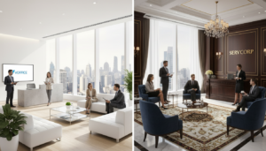 A photorealistic comparison scene showcasing the contrasting virtual office environments of VOffice and Servcorp. In the foreground, depict two distinct office reception areas: VOffice on the left with a modern, minimalist design featuring bright, airy spaces and sleek furniture; Servcorp on the right, embodying a premium, upscale atmosphere with luxurious decor and sophisticated furnishings. In the middle ground, add business professionals in smart attire engaged in conversations and using technology, reflecting a dynamic work environment. The background should include city skyline views, emphasizing their prime CBD locations. The lighting is bright and welcoming, enhancing the professional yet inviting mood, shot from a slightly elevated angle to provide a comprehensive view of both settings, capturing the essence of cost vs. luxury in virtual office offerings.