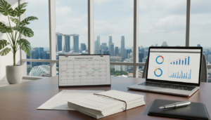 A photorealistic compliance calendar displayed prominently on a sleek wooden desk, with a modern laptop open beside it showing business charts and data. In the foreground, a neatly organized stack of important documents and a stylish pen add to the professional ambiance. The middle layer features a well-lit office setting with large windows allowing natural light to flood in, casting soft shadows. An elegant plant sits in one corner, bringing a touch of greenery. In the background, a cityscape of Singapore is visible through the glass, suggesting an international perspective. The overall mood is focused and organized, evoking a sense of professionalism, efficiency, and remote business management. The angle is slightly elevated, capturing the entire scene in comprehensive detail.