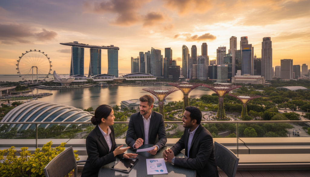 A photorealistic depiction of Singapore's skyline featuring modern skyscrapers, such as the Marina Bay Sands and Gardens by the Bay, showcasing the iconic Supertree Grove. In the foreground, a diverse group of professionals in business attire—an Asian woman, a Caucasian man, and an Indian man—engaged in a collaborative discussion, holding digital tablets and documents, symbolizing cross-border business operations. The middle ground captures a vibrant cityscape with lush greenery and reflective water, suggesting a harmonious blend of nature and urban life. The background boasts a warm sunset casting a golden glow over the buildings, enhancing the mood of innovation and opportunity while conveying a sense of dynamic enterprise. The image should have a wide-angle perspective, emphasizing the breadth of the scene without any text or distractions.