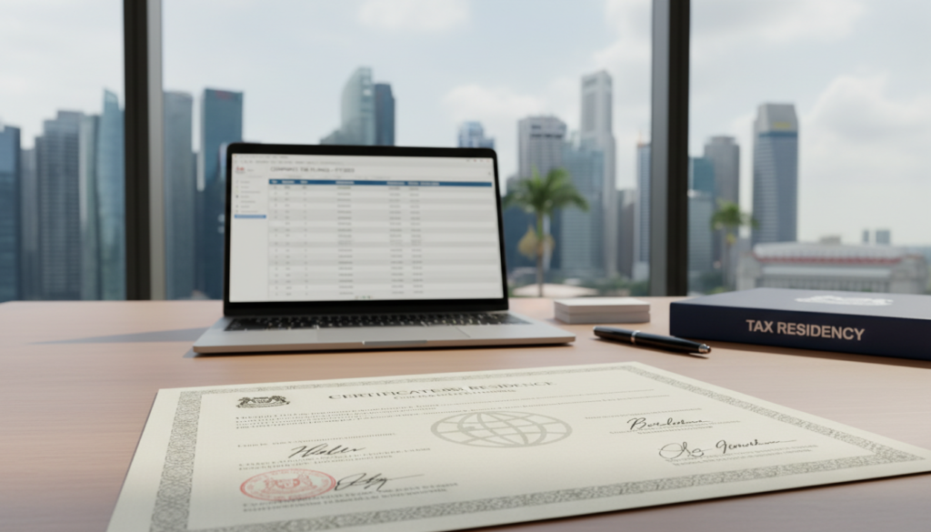A photorealistic depiction of a Certificate of Residence, placed prominently in the foreground, highlighting its intricate design details such as official stamps, signatures, and watermark effects. In the middle ground, an organized workspace is visible, showcasing a well-lit wooden desk, a laptop displaying corporate documents, and a closed folder labeled "Tax Residency." The background features a blurred view of a modern Singapore skyline, indicating the corporate environment. The lighting is bright and professional, casting soft shadows that enhance the details of the certificate and workspace. The overall atmosphere conveys seriousness and professionalism, suitable for a corporate setting focused on tax residency applications. No humans are present in this scene, ensuring a clean and undistracted image.