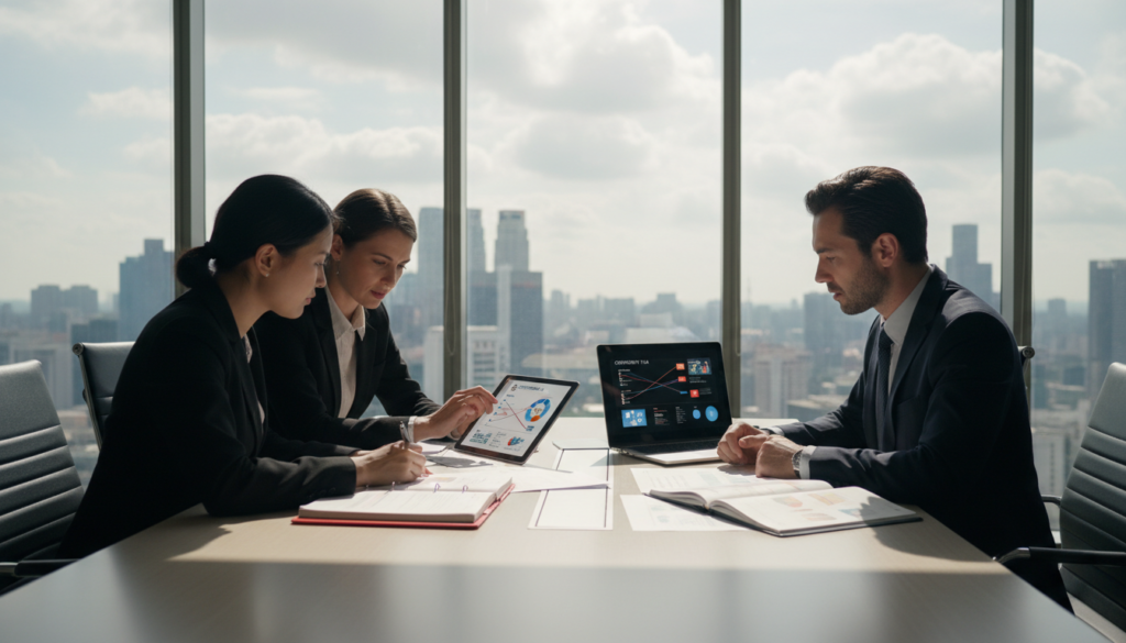 A photorealistic depiction of a business meeting in a modern office setting, emphasizing continuity and risk management. In the foreground, a diverse group of three professionals—two individuals in formal business attire and one in smart casual, engaged in a serious discussion over a digital tablet displaying charts and plans. The middle ground shows a sleek conference table surrounded by documents and a laptop, while multiple floor-to-ceiling windows fill the background with natural light, showcasing the Singapore skyline. The atmosphere should convey a sense of urgency and collaboration, with a slight blur to the background to emphasize the focus on the conversation and presented materials. The scene should evoke professionalism, forward-thinking, and strategic planning. A photorealistic depiction of a business meeting in a modern office setting, emphasizing continuity and risk management. In the foreground, a diverse group of three professionals—two individuals in formal business attire and one in smart casual, engaged in a serious discussion over a digital tablet displaying charts and plans. The middle ground shows a sleek conference table surrounded by documents and a laptop, while multiple floor-to-ceiling windows fill the background with natural light, showcasing the Singapore skyline. The atmosphere should convey a sense of urgency and collaboration, with a slight blur to the background to emphasize the focus on the conversation and presented materials. The scene should evoke professionalism, forward-thinking, and strategic planning.