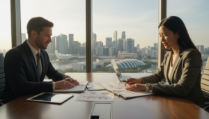 A photorealistic depiction of a double tax agreement in a professional setting. In the foreground, two business professionals, one male and one female, are seated at a modern conference table, reviewing documents. They are dressed in business attire, exuding a sense of collaboration and focus. In the middle, various financial and legal documents are neatly arranged on the table, displaying charts and graphs to symbolize international finance. The background features a large window with a panoramic view of the Singapore skyline, illuminated by warm, natural lighting that reflects a productive afternoon atmosphere. The mood is serious yet optimistic, capturing the essence of strategic financial planning and the practical application of double tax treaties.