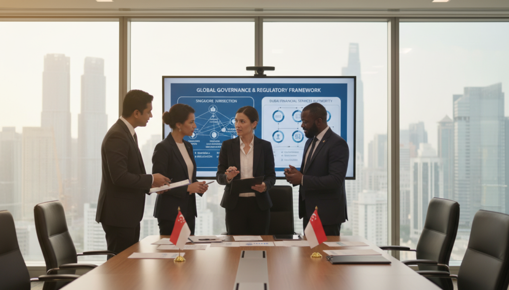 A photorealistic depiction of a governance framework, featuring an elegant boardroom setting with a long conference table adorned with legal documents, charts, and international flags representing Singapore and Dubai. In the foreground, a diverse group of four professionals dressed in formal business attire, including a South Asian man, a Middle-Eastern woman, a Caucasian woman, and a Black man, discuss while examining the documents. In the middle ground, a large screen displays an infographic summarizing legal regulations and governance structures of both regions. The background shows large windows with a view of a modern skyline, with the soft glow of daylight illuminating the scene. The atmosphere is focused and collaborative, emphasizing regulatory predictability and cooperation. The composition captures a sense of professionalism, clarity, and intellectual engagement.