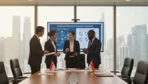 A photorealistic depiction of a governance framework, featuring an elegant boardroom setting with a long conference table adorned with legal documents, charts, and international flags representing Singapore and Dubai. In the foreground, a diverse group of four professionals dressed in formal business attire, including a South Asian man, a Middle-Eastern woman, a Caucasian woman, and a Black man, discuss while examining the documents. In the middle ground, a large screen displays an infographic summarizing legal regulations and governance structures of both regions. The background shows large windows with a view of a modern skyline, with the soft glow of daylight illuminating the scene. The atmosphere is focused and collaborative, emphasizing regulatory predictability and cooperation. The composition captures a sense of professionalism, clarity, and intellectual engagement.