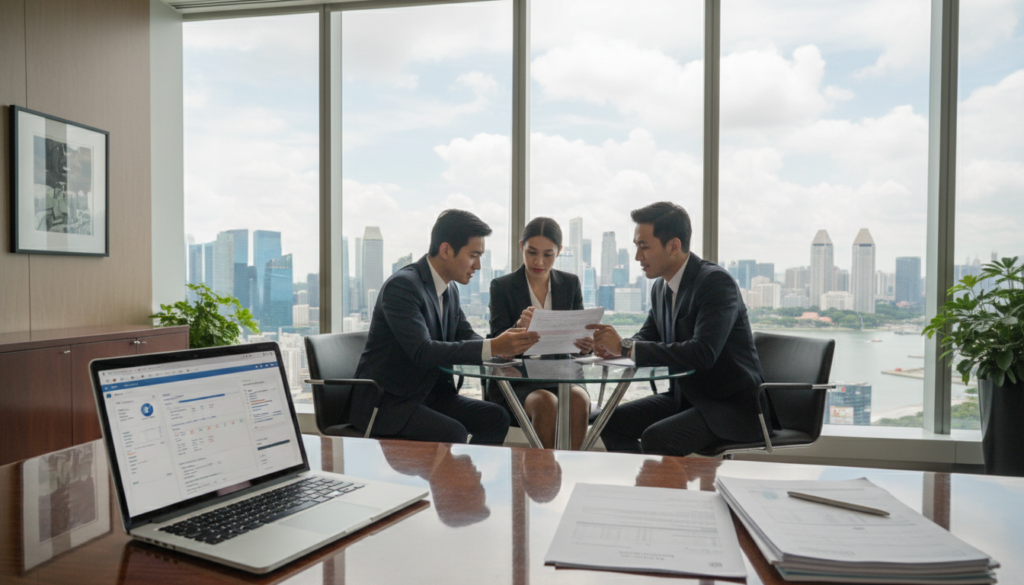 A photorealistic depiction of a modern bank office environment focused on corporate banking. In the foreground, a sleek, shiny executive desk is adorned with a high-end laptop displaying digital banking software and a well-organized stack of financial documents. In the middle ground, a diverse group of professionals in business attire—two men and one woman—are engaged in a discussion, examining a bank account application form, projecting an atmosphere of collaboration and focus. The background features large glass windows allowing natural light to flood the space, with a city skyline of Singapore visible, hinting at the bank's location. The lighting is bright and professional, creating a productive and inviting ambiance, perfect for effective corporate banking activities. A photorealistic depiction of a modern bank office environment focused on corporate banking. In the foreground, a sleek, shiny executive desk is adorned with a high-end laptop displaying digital banking software and a well-organized stack of financial documents. In the middle ground, a diverse group of professionals in business attire—two men and one woman—are engaged in a discussion, examining a bank account application form, projecting an atmosphere of collaboration and focus. The background features large glass windows allowing natural light to flood the space, with a city skyline of Singapore visible, hinting at the bank's location. The lighting is bright and professional, creating a productive and inviting ambiance, perfect for effective corporate banking activities.
