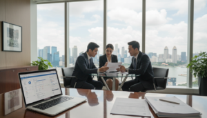 A photorealistic depiction of a modern bank office environment focused on corporate banking. In the foreground, a sleek, shiny executive desk is adorned with a high-end laptop displaying digital banking software and a well-organized stack of financial documents. In the middle ground, a diverse group of professionals in business attire—two men and one woman—are engaged in a discussion, examining a bank account application form, projecting an atmosphere of collaboration and focus. The background features large glass windows allowing natural light to flood the space, with a city skyline of Singapore visible, hinting at the bank's location. The lighting is bright and professional, creating a productive and inviting ambiance, perfect for effective corporate banking activities.