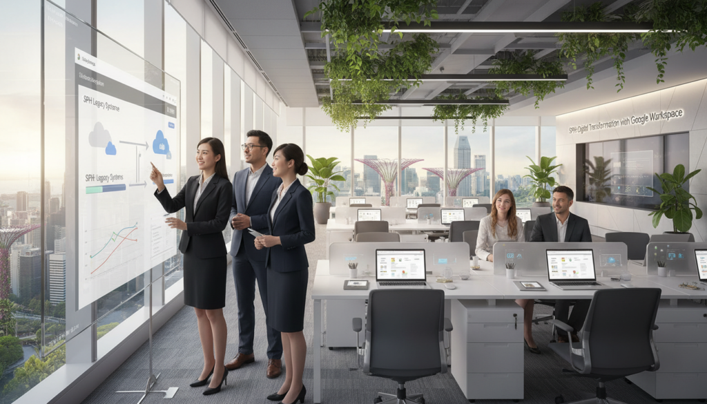 A photorealistic depiction of a modern corporate office environment, illustrating Singapore Press Holdings (SPH) users smoothly migrating to Google Workspace. In the foreground, a diverse group of four professionals in smart business attire collaborate around a large digital screen displaying a seamless data migration interface. The middle ground features sleek, contemporary desks with laptops and digital devices, showcasing live data transfer visuals. The background captures a bright and airy office space with large windows offering a panoramic view of Singapore’s skyline, filled with greenery and modern architecture. Soft, natural lighting enhances the welcoming atmosphere, suggesting innovation and transformation. The overall mood is one of teamwork and forward-thinking, emphasizing a successful digital transition in a paperless operation.