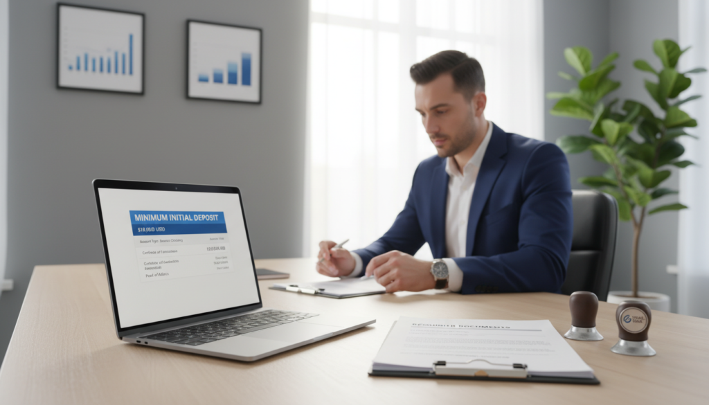 A photorealistic depiction of a modern office desk, emphasizing the concept of "minimum initial deposit" for a corporate bank account. In the foreground, a sleek laptop is open to a banking application displaying a balance sheet with minimum deposit figures. Beside it, a stack of paperwork labeled "Required Documents" includes various forms and a corporate seal, neatly arranged. In the middle background, a professional businessperson in business attire is reviewing documents, showcasing focus and determination. The office environment is well-lit with natural daylight streaming through large windows, creating a bright and inviting atmosphere. The walls are decorated with framed financial graphs and a potted plant, enhancing the sense of a productive workspace.