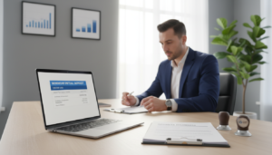 A photorealistic depiction of a modern office desk, emphasizing the concept of "minimum initial deposit" for a corporate bank account. In the foreground, a sleek laptop is open to a banking application displaying a balance sheet with minimum deposit figures. Beside it, a stack of paperwork labeled "Required Documents" includes various forms and a corporate seal, neatly arranged. In the middle background, a professional businessperson in business attire is reviewing documents, showcasing focus and determination. The office environment is well-lit with natural daylight streaming through large windows, creating a bright and inviting atmosphere. The walls are decorated with framed financial graphs and a potted plant, enhancing the sense of a productive workspace.