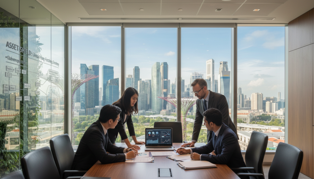 A photorealistic depiction of a modern office environment emphasizing "asset protection" within a Singapore holding structure. In the foreground, a diverse group of three professionals dressed in formal business attire, engaged in a focused discussion around a sleek conference table filled with documents and a laptop showing financial graphs. In the middle, large windows frame a breathtaking view of Singapore's skyline featuring iconic skyscrapers, symbolizing stability and growth. The lighting is bright and natural, creating an optimistic atmosphere, reflecting productivity. The background includes elements like a whiteboard with strategic diagrams and lush greenery, suggesting a balance of nature and corporate professionalism while reinforcing the theme of risk ring-fencing in business. A photorealistic depiction of a modern office environment emphasizing "asset protection" within a Singapore holding structure. In the foreground, a diverse group of three professionals dressed in formal business attire, engaged in a focused discussion around a sleek conference table filled with documents and a laptop showing financial graphs. In the middle, large windows frame a breathtaking view of Singapore's skyline featuring iconic skyscrapers, symbolizing stability and growth. The lighting is bright and natural, creating an optimistic atmosphere, reflecting productivity. The background includes elements like a whiteboard with strategic diagrams and lush greenery, suggesting a balance of nature and corporate professionalism while reinforcing the theme of risk ring-fencing in business.