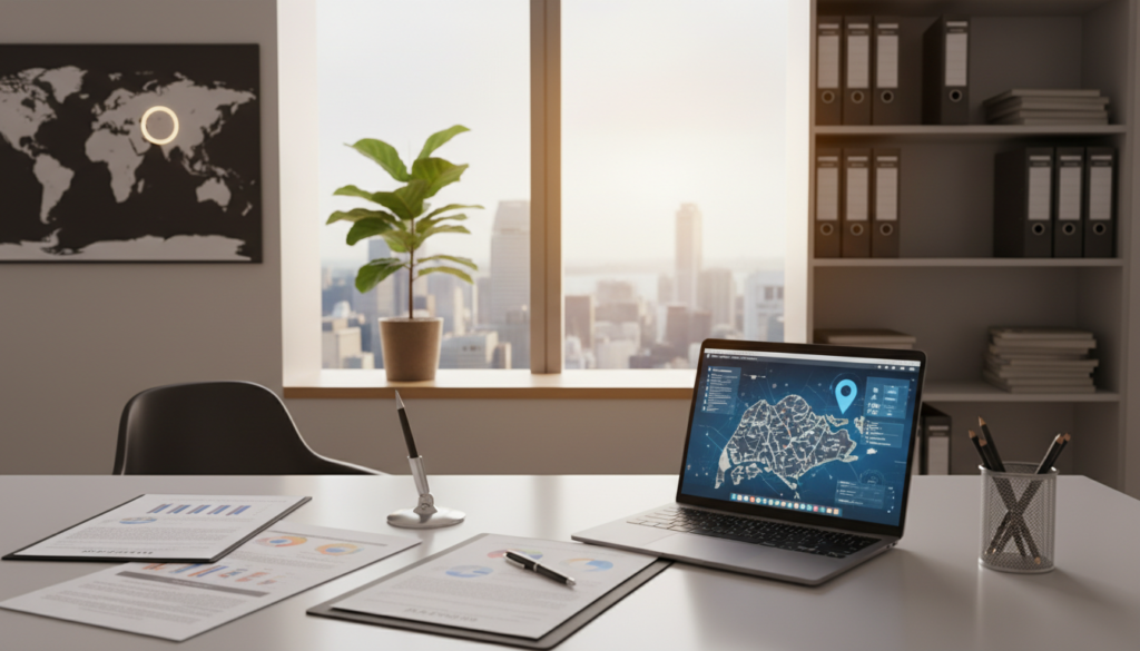 A photorealistic depiction of a modern office environment focused on the concept of a registered office address. In the foreground, a sleek desk is adorned with a tidy arrangement of business papers, a laptop, and a stylish pen holder. In the middle, a large window showcases a panoramic view of Singapore's skyline bathed in soft, natural light. A potted plant adds a touch of greenery, enhancing the professional setting. The background features shelves with neatly organized documents and a world map highlighting Singapore. The lighting is bright yet warm, creating an inviting atmosphere. The overall mood exudes professionalism and clarity, ideal for depicting the importance of a registered office address in a corporate context.