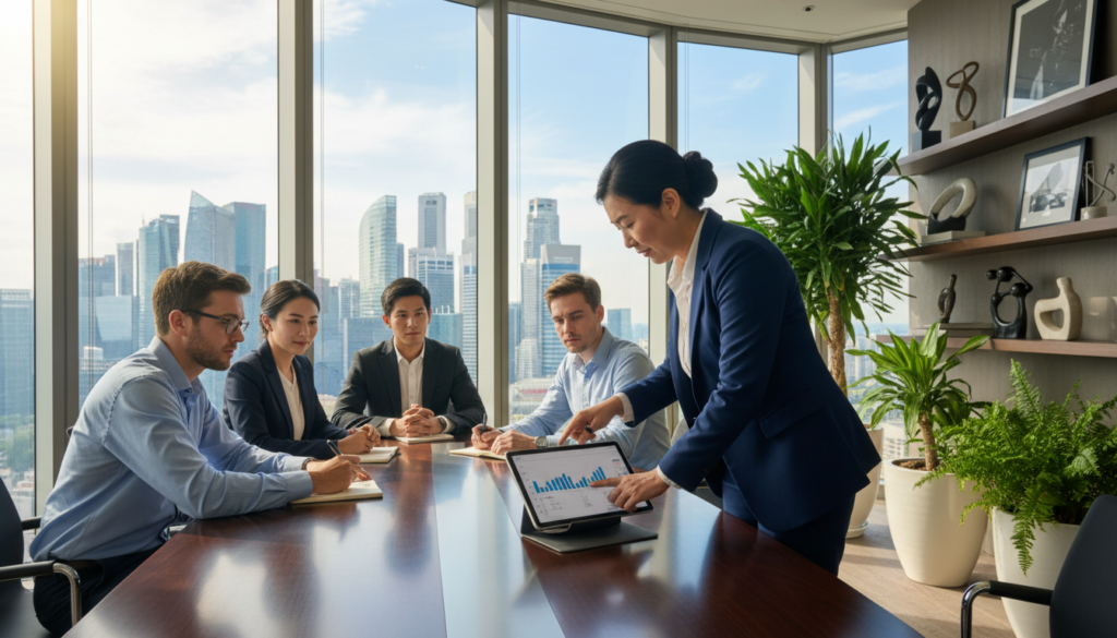 A photorealistic depiction of a modern office environment in Singapore, showcasing a diverse group of professionals engaged in a discussion around a sleek conference table. In the foreground, a middle-aged Asian woman in business attire points to financial charts on a digital tablet, while a young Caucasian man with glasses takes notes. In the middle ground, tall windows reveal a skyline of Singapore’s skyscrapers, bathed in natural daylight. The background features lush indoor plants and minimalist decor that reflects a creative and contemporary workspace. The mood is collaborative and focused, emphasizing innovation and professionalism. The lighting is bright and clear, simulating the essence of a vibrant business atmosphere.