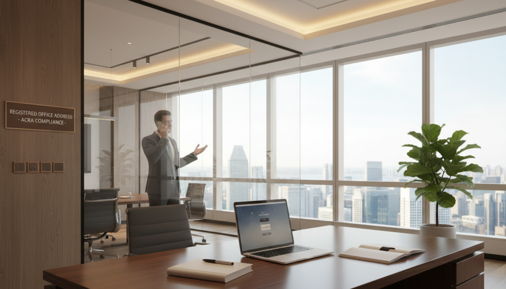 A photorealistic depiction of a modern office space designed for a registered office address in Singapore. In the foreground, a sleek wooden desk is adorned with a modern laptop, a notebook, and a sophisticated pen. A potted plant brings a touch of greenery beside the desk. The middle ground features a glass partition with the silhouette of a business professional dressed in smart attire, engaging in a conversation on a phone. In the background, large windows offer a view of Singapore's skyline, showcasing modern skyscrapers bathed in natural daylight. Soft, warm lighting fills the office, creating an inviting atmosphere that reflects professionalism and efficiency, emphasizing the importance of compliance with ACRA requirements. The overall mood is one of clarity, professionalism, and modernity.