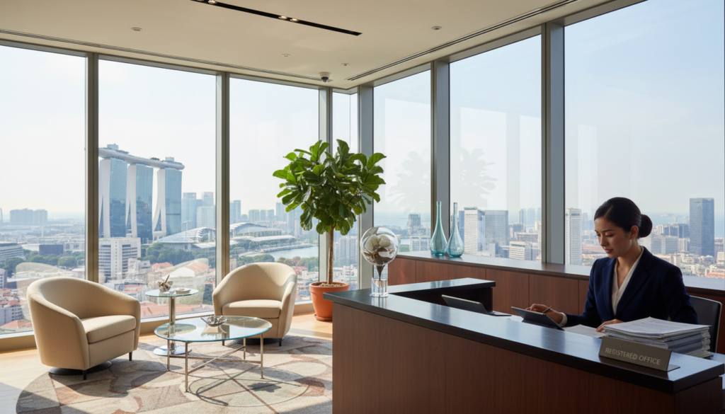 A photorealistic depiction of a modern registered office space in Singapore, showcasing a sleek, minimalist reception area. In the foreground, a well-dressed professional woman in business attire sits at a polished wooden desk, reviewing documents. The middle ground features a stylish waiting area with contemporary furnishings, featuring potted plants and glass accents. In the background, large windows reveal a stunning view of Singapore's skyline, with a bright, sunny day illuminating the scene. Soft, natural light floods the interior, creating a welcoming atmosphere. The overall mood conveys professionalism and efficiency, highlighting the importance of a registered office address in business operations. A photorealistic depiction of a modern registered office space in Singapore, showcasing a sleek, minimalist reception area. In the foreground, a well-dressed professional woman in business attire sits at a polished wooden desk, reviewing documents. The middle ground features a stylish waiting area with contemporary furnishings, featuring potted plants and glass accents. In the background, large windows reveal a stunning view of Singapore's skyline, with a bright, sunny day illuminating the scene. Soft, natural light floods the interior, creating a welcoming atmosphere. The overall mood conveys professionalism and efficiency, highlighting the importance of a registered office address in business operations.