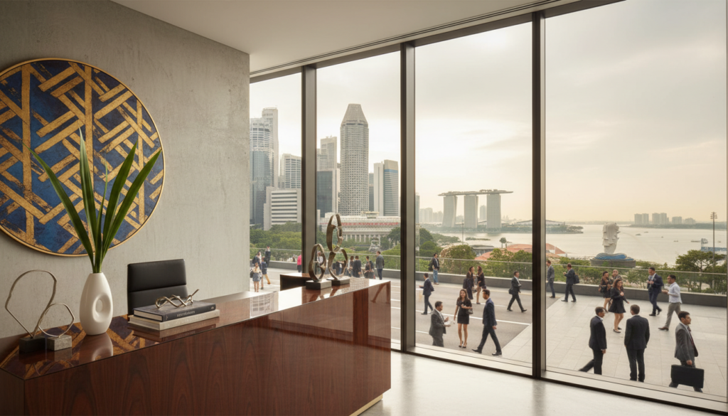 A photorealistic depiction of a modern virtual office address in Singapore's Central Business District (CBD). In the foreground, a sleek reception area showcases a polished desk with stylish office decor, including green plants and art pieces. The middle ground features large glass windows displaying a stunning skyline view of iconic skyscrapers and a bustling street lined with professional people in business attire, engaged in conversations or using mobile devices. In the background, look towards famous landmarks like the Marina Bay Sands and the Merlion, accentuating the vibrant business atmosphere. Soft natural lighting floods the space from the windows, creating a warm yet professional mood. The lens captures the scene from a slightly elevated angle, providing a comprehensive view of the office and its surroundings, without any text or overlays.