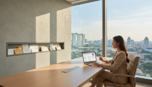 A photorealistic depiction of a modern virtual office environment in Singapore, focusing on the concept of mail forwarding. In the foreground, a professional businesswoman in smart attire sits at a sleek desk with a laptop open, examining digital mail notifications on the screen. The middle layer showcases a stylish mail slot filled with various envelopes, symbolizing the mail forwarding service. In the background, a window reveals a panoramic view of the Singapore skyline bathed in natural daylight, creating a bright and inviting atmosphere. Soft, warm lighting enhances the scene, and the angle of the shot captures the full essence of the office space, conveying a sense of professionalism and organization, ideal for discussions about cost and services.