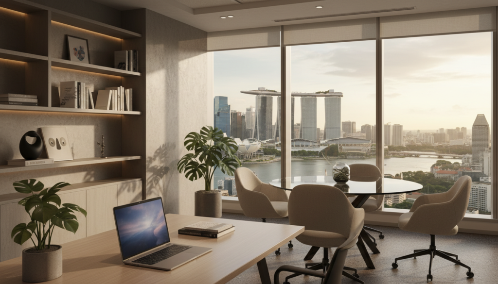 A photorealistic depiction of a modern virtual office space, symbolizing a prestigious address in Singapore's Central Business District. In the foreground, a sleek, minimalist desk with a high-end laptop and an elegant plant. The middle ground features a stylish meeting area with comfortable chairs and a large window showcasing a vibrant cityscape with iconic skyscrapers outside. The background highlights a well-decorated office environment with warm lighting, soft shadows, and a panoramic view that conveys professionalism and success. The atmosphere is inviting yet sophisticated, with an emphasis on a modern business aesthetic that conveys the benefits of having a virtual office address. No people or text are present in the scene, maintaining a clean and focused composition.