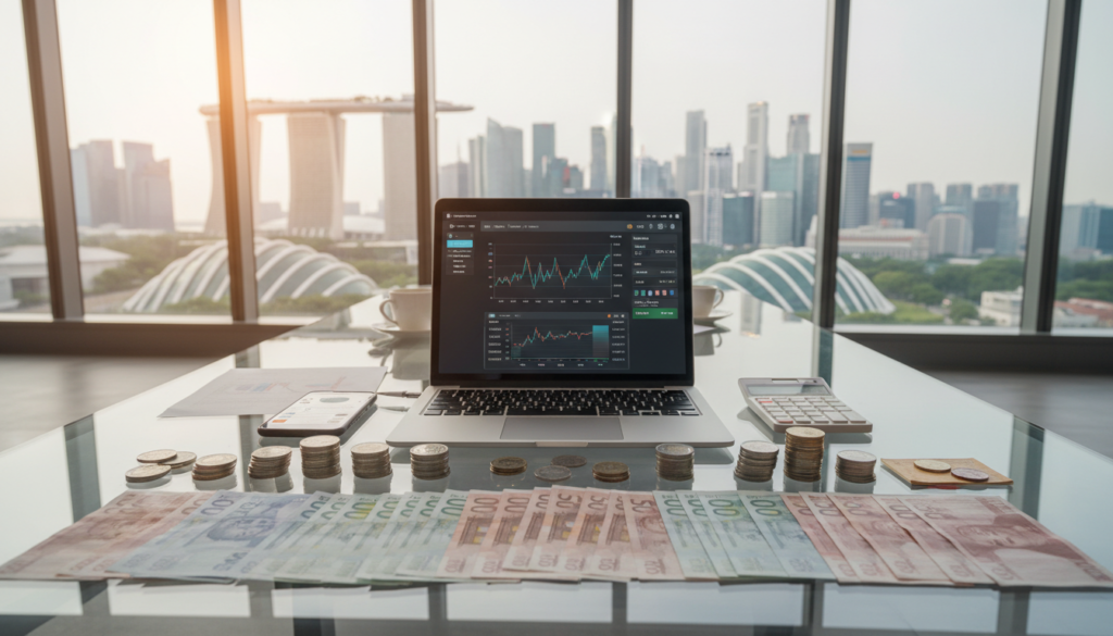 A photorealistic depiction of a multi-currency business environment, featuring a sleek glass desk in the foreground with an array of foreign currency notes and coins meticulously arranged. In the middle, showcase a modern laptop displaying financial graphs and a currency converter application, surrounded by a smartphone and a calculator. The background presents a stylish office setting with large windows allowing natural light to flood in, highlighting the urban skyline of Singapore. The atmosphere is professional and dynamic, suggesting financial activity and global business transactions. Incorporate soft, warm lighting to create an inviting yet focused ambiance, capturing the essence of modern banking and currency management.