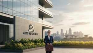 A photorealistic depiction of a prestigious business address in Singapore, showcasing a modern office building with sleek, glass facades reflecting the sky and surroundings. In the foreground, a well-dressed professional in business attire stands confidently, holding a briefcase, with a backdrop of lush greenery to enhance the business environment. The middle ground highlights contemporary architecture, featuring elegant signage that suggests a high-end corporate image. In the background, the Singapore skyline is visible, with a soft focus on landmarks to indicate the non-CBD location, while warm, natural lighting casts inviting shadows. The mood is one of professionalism and sophistication, perfectly suited for a brand aiming to elevate its presence.