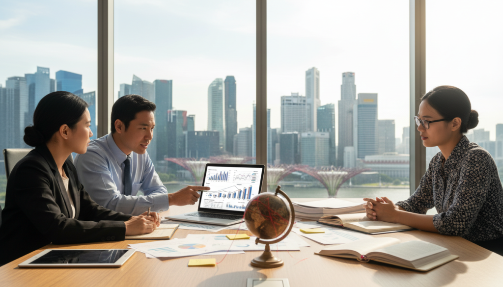 A photorealistic depiction of a professional meeting setting focused on the concept of foreign-sourced income. In the foreground, a diverse group of three business professionals in business attire are engaged in a discussion, with one person pointing at a laptop screen displaying charts and graphs related to global finance. In the middle, a polished conference table filled with financial documents and a globe symbolizes international income sources. The background features large windows with a view of Singapore’s skyline under bright daylight, casting soft shadows across the room. The atmosphere is one of collaboration and focus, highlighting the importance of understanding tax implications of foreign income in a corporate environment. Capture a warm, professional mood with balanced lighting to enhance clarity and detail.