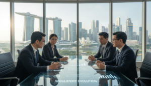 A photorealistic depiction of a regulatory landscape scene focused on Singapore's KYC requirements. In the foreground, a diverse group of professionals in business attire are engaged in a discussion around a large digital screen displaying various compliance charts and graphs. In the middle, iconic Singaporean buildings, such as the Marina Bay Sands and financial district skyscrapers, create a backdrop that feels modern and authoritative. The lighting is bright and professional, with soft reflections on glass surfaces. The atmosphere is one of collaboration and focus, highlighting the importance of regulatory diligence in banking. The angle captures the depth of the scene, creating a sense of urgency and significance in managing KYC processes amidst an evolving regulatory framework.
