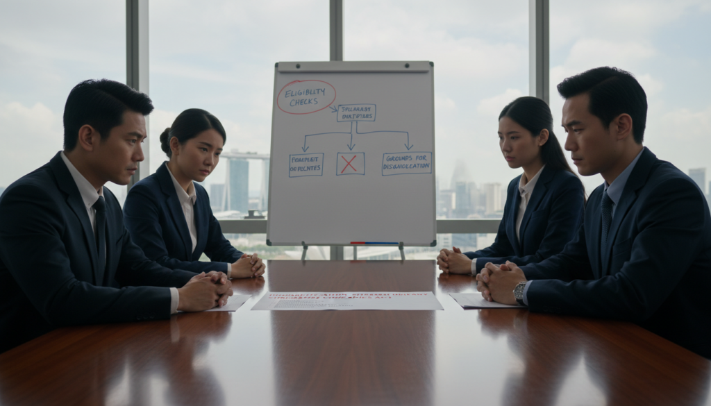 A photorealistic depiction of a stern boardroom setting, emphasizing the theme of disqualification from acting as a director in Singapore. In the foreground, a diverse group of professionals in business attire—two men and two women—sit around a polished conference table, looking intently at a document that outlines disqualification criteria. The expressions on their faces indicate concern and seriousness. In the middle, a large whiteboard displays flowcharts related to director eligibility, with diagrams and red flags prominently featured. The background shows a sleek office environment with large windows revealing the Singapore skyline, under soft, natural lighting. The scene should convey a somber and professional atmosphere, capturing the gravity of the topic while ensuring all individuals appear respectful and engaged. A photorealistic depiction of a stern boardroom setting, emphasizing the theme of disqualification from acting as a director in Singapore. In the foreground, a diverse group of professionals in business attire—two men and two women—sit around a polished conference table, looking intently at a document that outlines disqualification criteria. The expressions on their faces indicate concern and seriousness. In the middle, a large whiteboard displays flowcharts related to director eligibility, with diagrams and red flags prominently featured. The background shows a sleek office environment with large windows revealing the Singapore skyline, under soft, natural lighting. The scene should convey a somber and professional atmosphere, capturing the gravity of the topic while ensuring all individuals appear respectful and engaged.