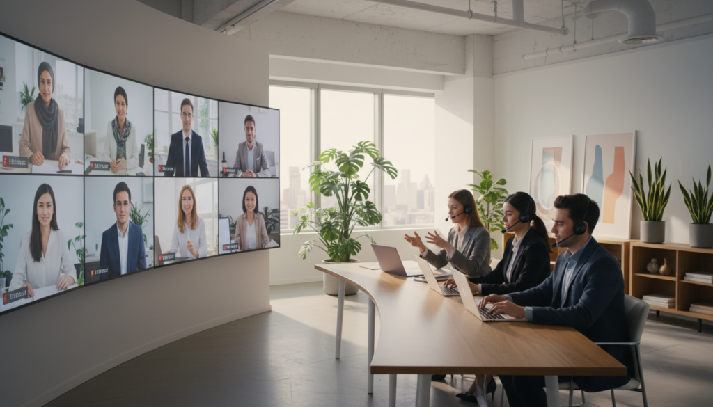 A photorealistic depiction of a virtual hybrid meeting setup in a modern office environment. In the foreground, a diverse group of four professionals, dressed in smart business attire, are actively engaging with their laptops and video conferencing tools. The middle ground features a large screen displaying remote participants, including individuals from different backgrounds, appearing on video call tiles. In the background, the sleek office is adorned with greenery and contemporary decor, hinting at a professional yet relaxed atmosphere. Soft, natural lighting enhances the scene, giving it a warm and inviting feel. The perspective is slightly elevated to capture all elements cohesively, creating an immersive experience that highlights the importance of hybrid meetings in today’s professional landscape.