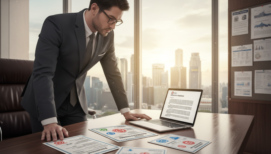 A photorealistic depiction of a well-organized workspace featuring a professional businessperson in smart attire, examining various licenses and permits spread out on a sleek desk. The foreground showcases detailed close-ups of colorful permits and official documents with industry-specific logos, alongside a laptop displaying legal documents. In the middle, a modern office with a large window lets in soft, natural light, illuminating the scene. On a wall, there is a bulletin board adorned with relevant industry regulations and compliance certificates. The background includes subtle hints of Singapore's skyline visible through the window, creating a professional yet inviting atmosphere. The overall mood conveys diligence and attention to regulatory detail in a bustling business environment.