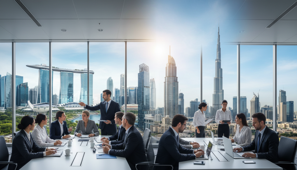 A photorealistic depiction of contrasting business environments representing Singapore and Dubai as free zones. In the foreground, a modern office space featuring professionals in business attire, focused on discussions and presentations. In the middle ground, showcase iconic landmarks from both cities: Singapore's Marina Bay Sands and Dubai's Burj Khalifa, seamlessly blending into the skyline. The background should have a clear blue sky, symbolizing a productive atmosphere. Use natural lighting to highlight the reflections on glass buildings, enhancing the sense of innovation. The composition should capture a sense of competition and collaboration between the two hubs, creating an engaging, dynamic scene that encapsulates the essence of international business.